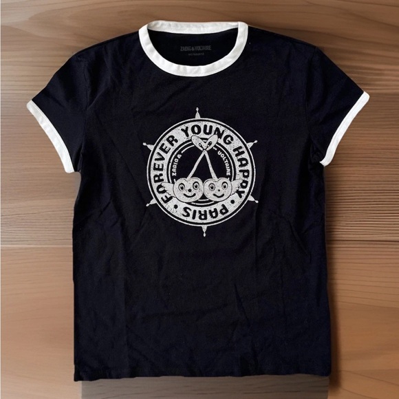 Zadig & Voltaire Walk Diamante Insignia Rhinestone Black & White Ringer Tee Sz S - Picture 1 of 11